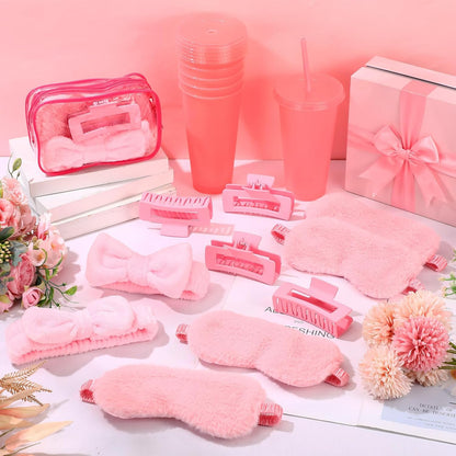 30 Pcs Spa Party Favor for Women Sleepover Party Supplies 6 Bow Headband 6 Eye Mask 6 Hair Clip 6 Cosmetic Bag 6 Glitter Plastic Cup for Adult Spa Birthday Bachelorette(Pink)