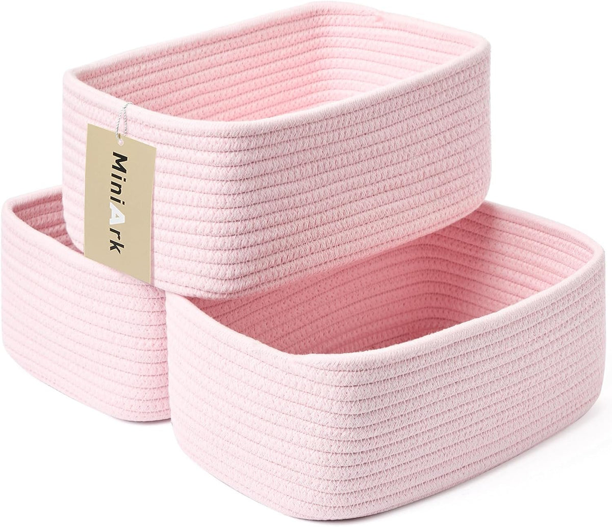 MiniArk Small Storage Baskets for Organizing | Closet Organizer Bins | Shelf Toy Basket | Woven Rope Baskets | Cube Decorative Box | Shallow Basket | 11.5x7.5x4.7” | 3 Packs Light Pink