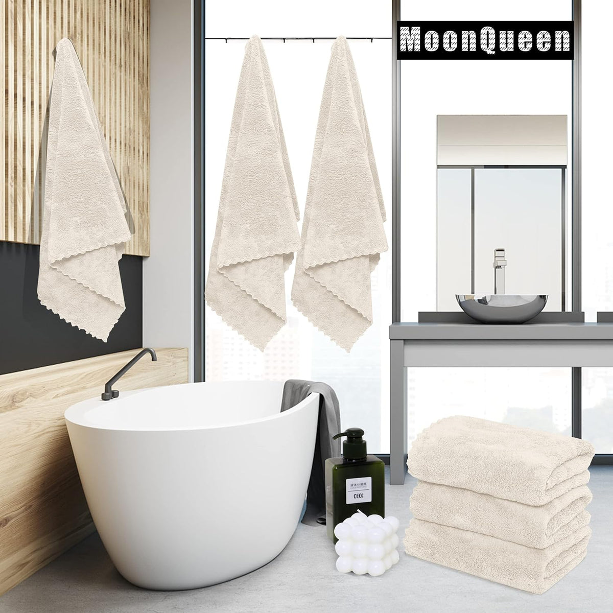 2 Pack Premium Bath Towel Set - Quick Drying - Microfiber Coral Velvet Highly Absorbent Towels - Multipurpose Use as Bath Fitness, Bathroom, Shower, Sports, Yoga Towel (Cream)