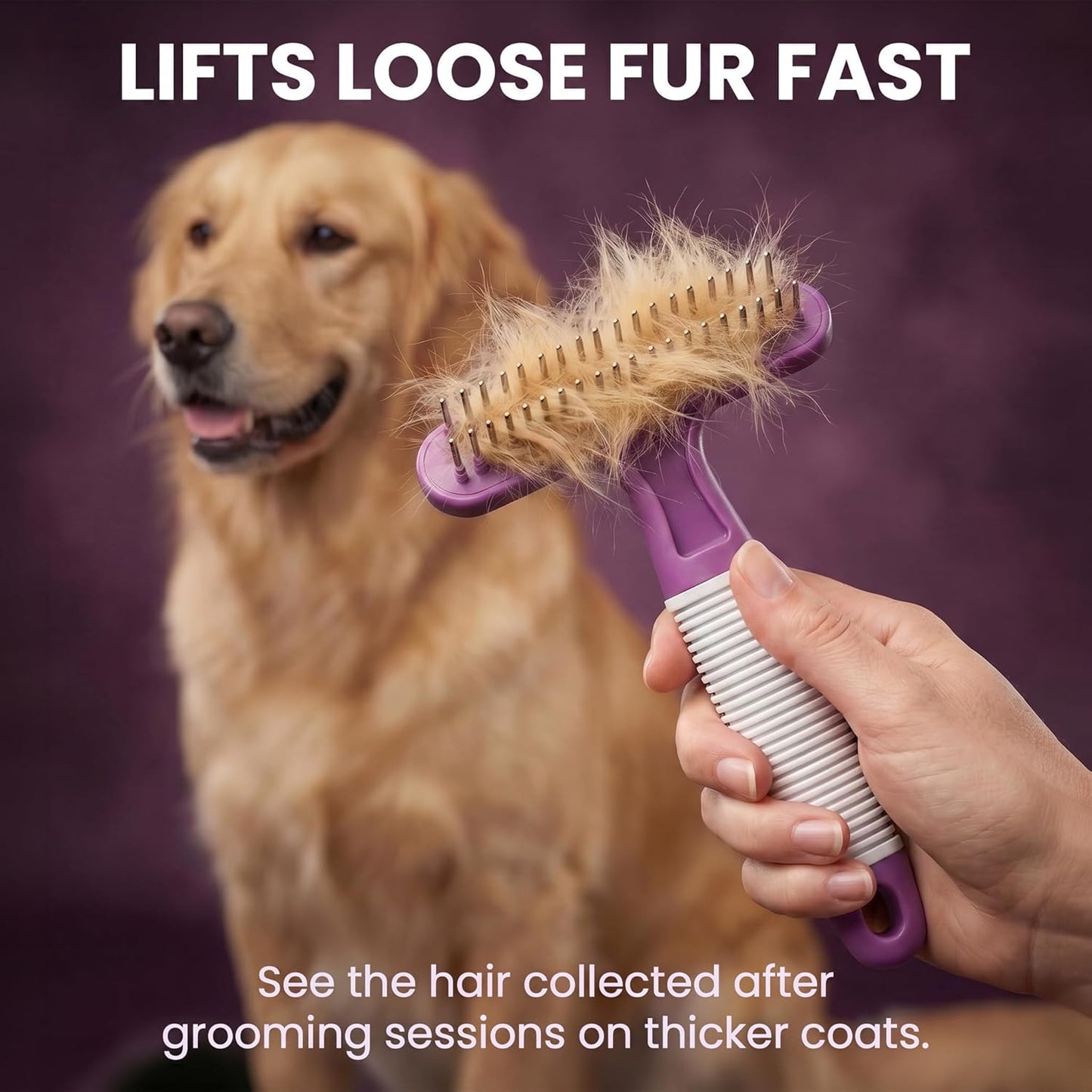 POODLIE Poodle Pet Dog Grooming Rake| Dematting Tool with Stainless Steel Shedding Comb for Pets | 2 Rows of Pins Gently Remove Loose or Tangled Hair from Undercoat | Purple Handle