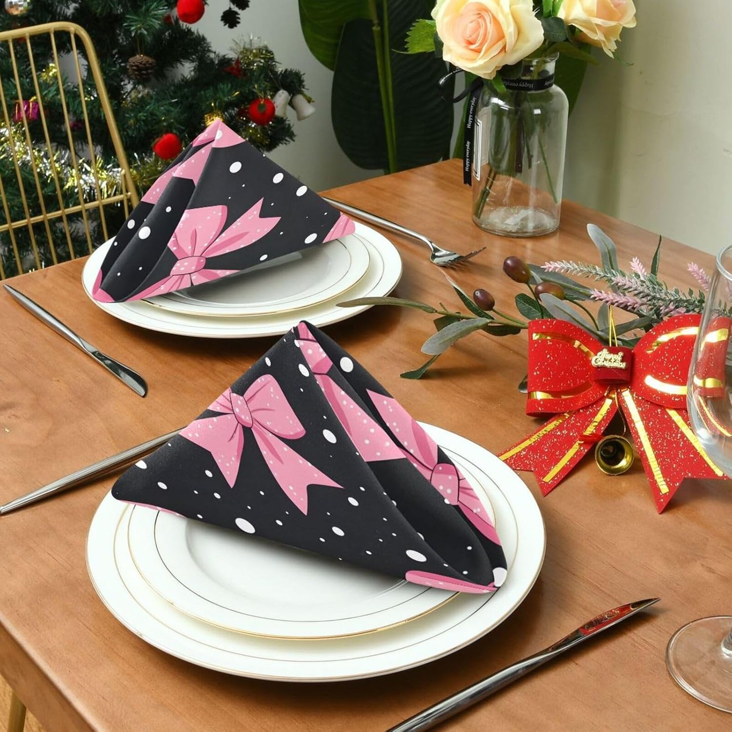 YETTASBIN Pink Bows Dot Cloth Napkins Set of 1, Reusable Washable Oversized Table Napkins for Family Wedding Dinner Party Home Decor, 20 Inch