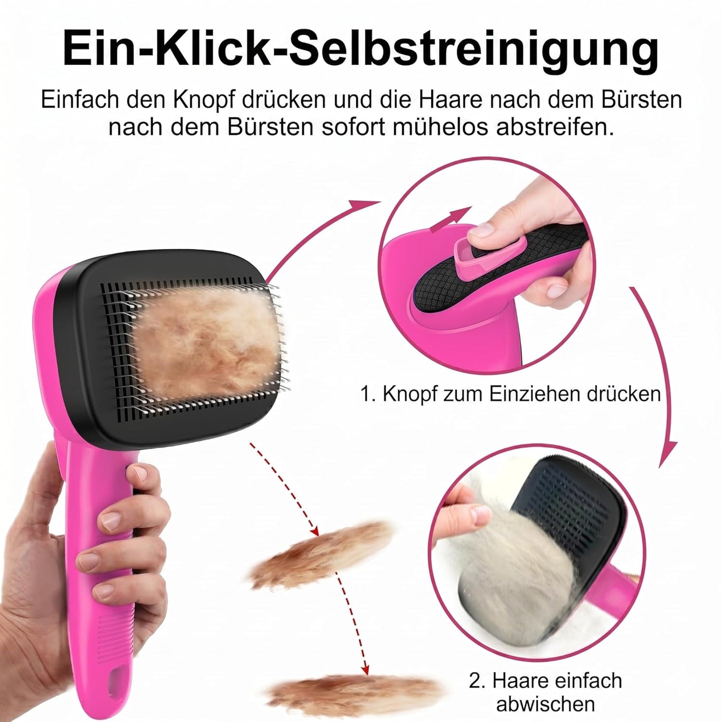 Self Cleaning Slicker Brush for Dog and Cat Deshedding, Pink | Shedding Brush for Dogs & Cats, One-Click Retractable Bristles for Easy Cleaning Flying Hair at Home