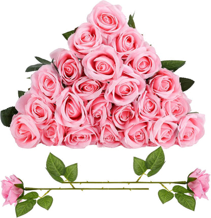 24 Pcs Pink Rose Artificial Flowers with Long Stem
