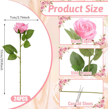 24 Pcs Pink Rose Artificial Flowers with Long Stem