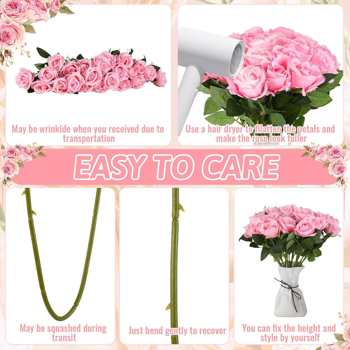 24 Pcs Pink Rose Artificial Flowers with Long Stem