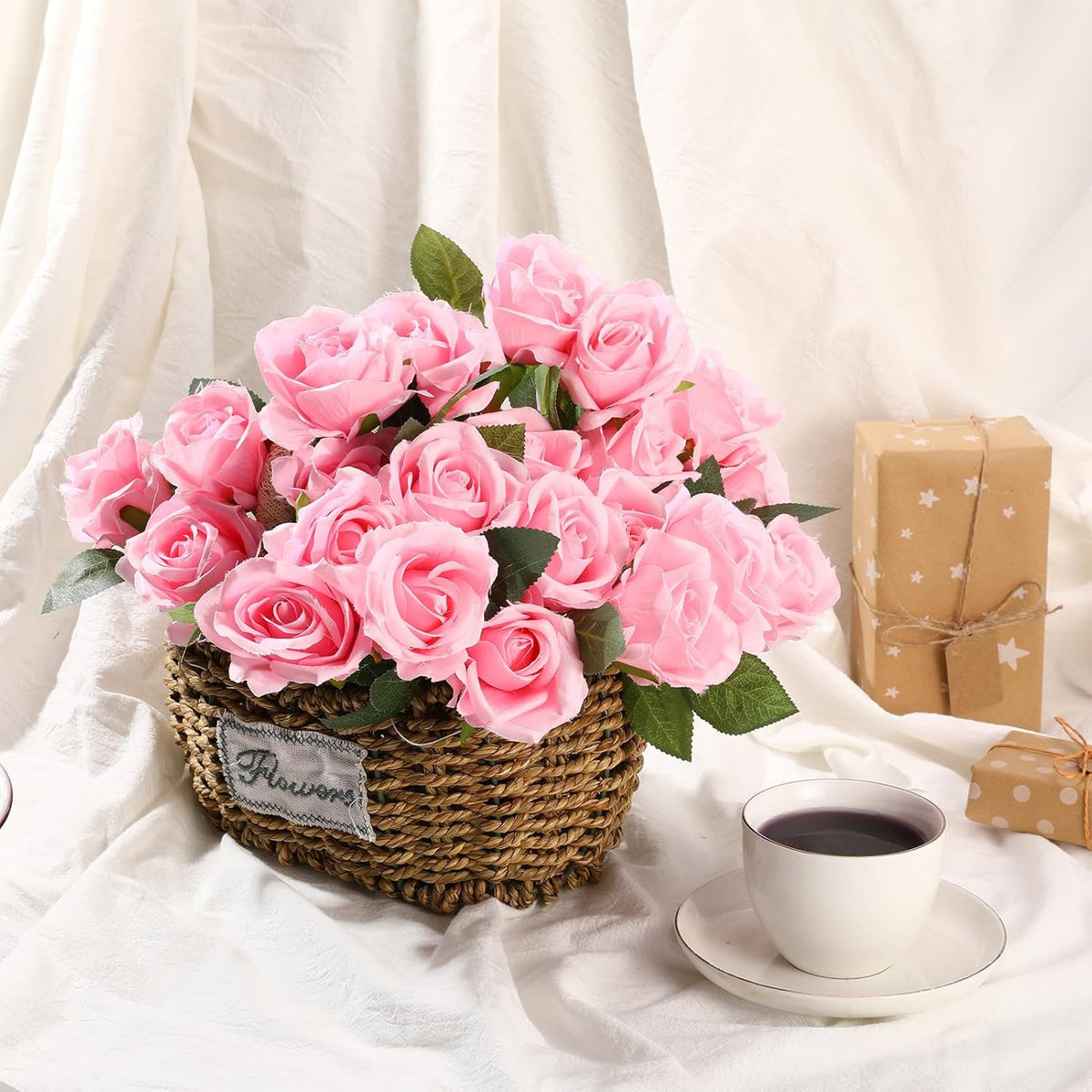 24 Pcs Pink Rose Artificial Flowers with Long Stem
