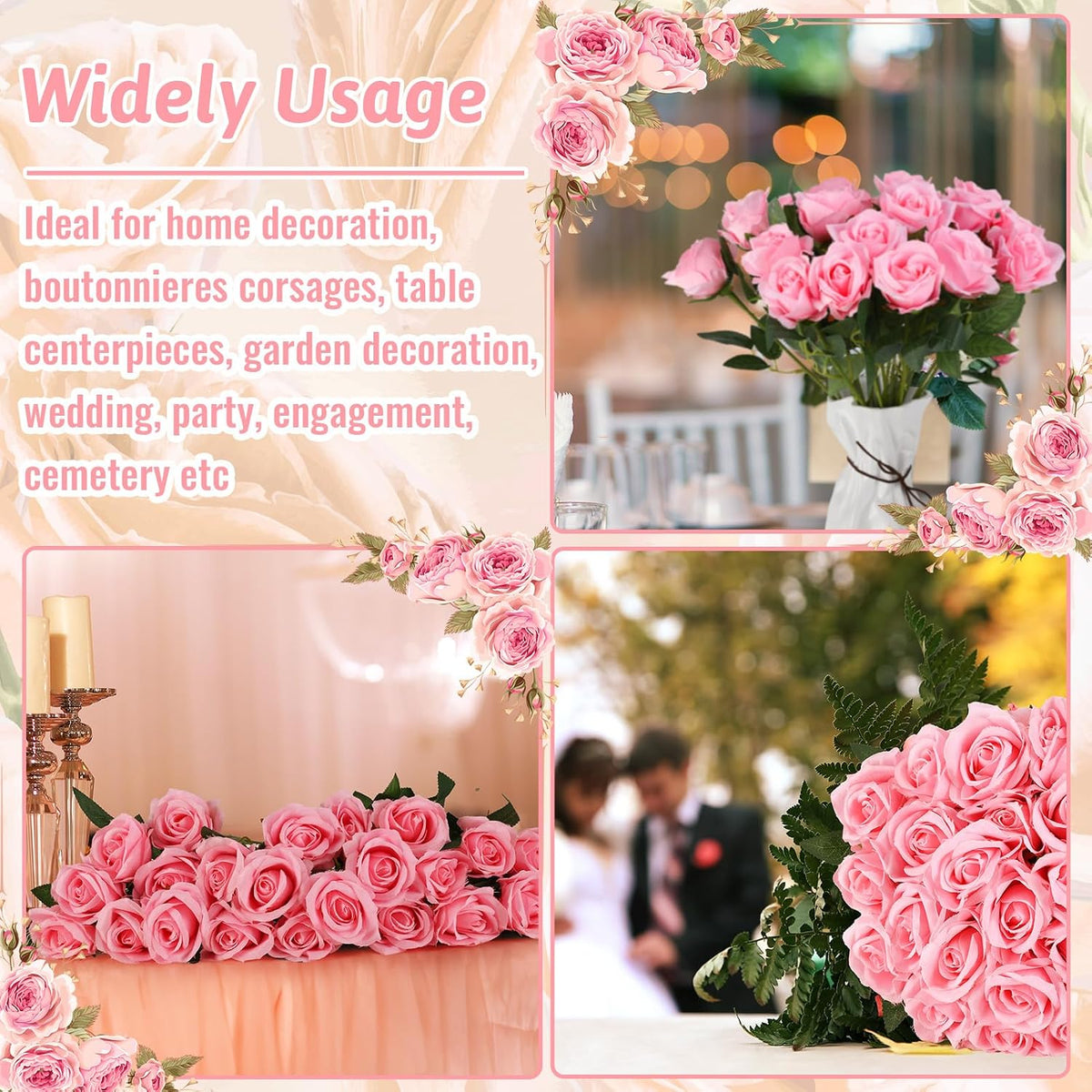 24 Pcs Pink Rose Artificial Flowers with Long Stem