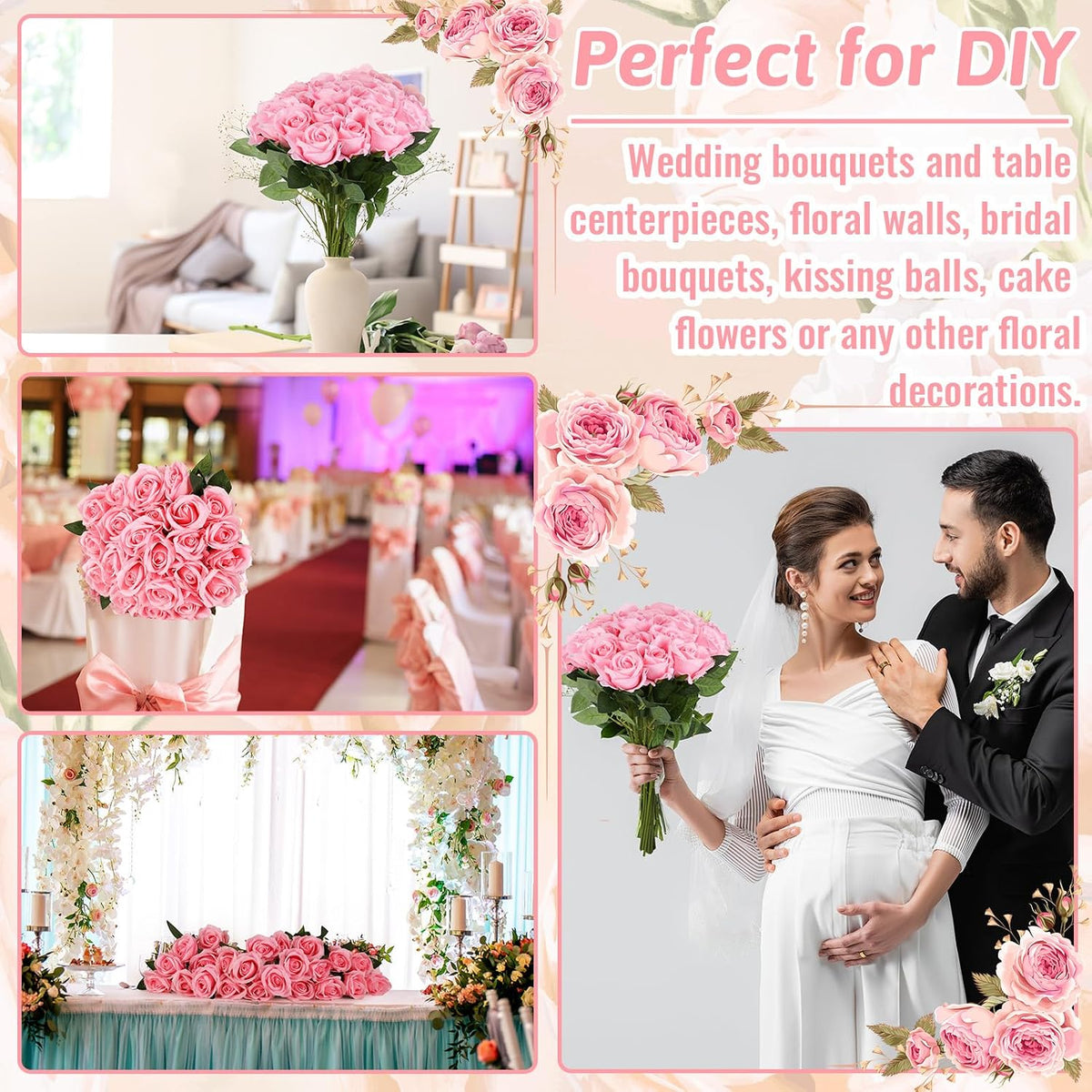 24 Pcs Pink Rose Artificial Flowers with Long Stem