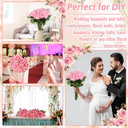 24 Pcs Pink Rose Artificial Flowers with Long Stem