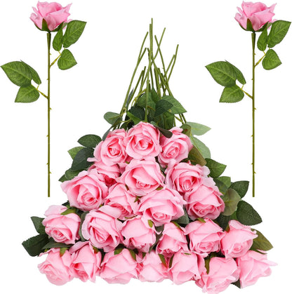 24 Pcs Pink Rose Artificial Flowers with Long Stem