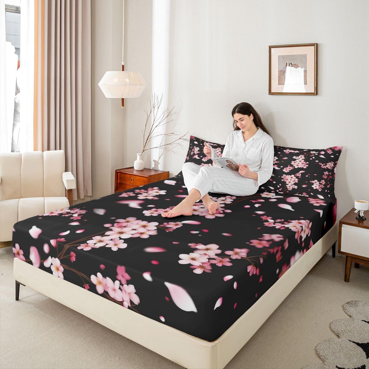 Pink Cherry Blossom Fitted Sheet Queen Size 3 Pcs,Natural Peach Blossom Decor Bedding Set for Kids Girls Women,Wild Flowers Japanese Style Bed Sheet with 2 Pillowcases(No Top Sheet)