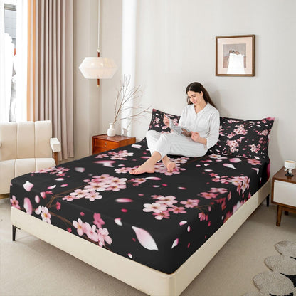 Pink Cherry Blossom Fitted Sheet Queen Size 3 Pcs,Natural Peach Blossom Decor Bedding Set for Kids Girls Women,Wild Flowers Japanese Style Bed Sheet with 2 Pillowcases(No Top Sheet)
