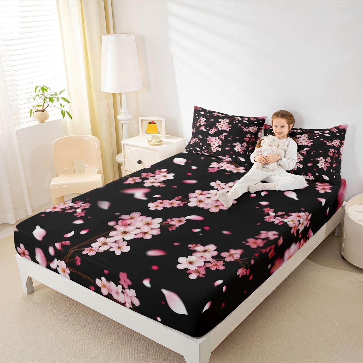 Pink Cherry Blossom Fitted Sheet Queen Size 3 Pcs,Natural Peach Blossom Decor Bedding Set for Kids Girls Women,Wild Flowers Japanese Style Bed Sheet with 2 Pillowcases(No Top Sheet)