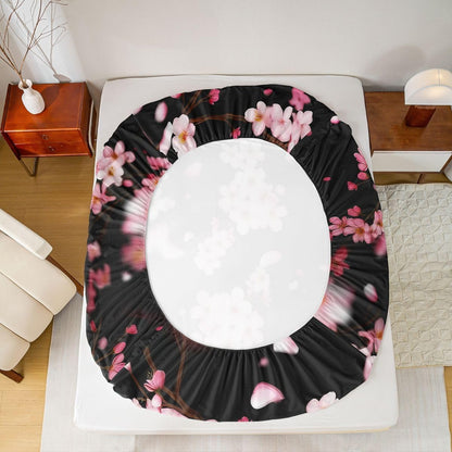 Pink Cherry Blossom Fitted Sheet Queen Size 3 Pcs,Natural Peach Blossom Decor Bedding Set for Kids Girls Women,Wild Flowers Japanese Style Bed Sheet with 2 Pillowcases(No Top Sheet)