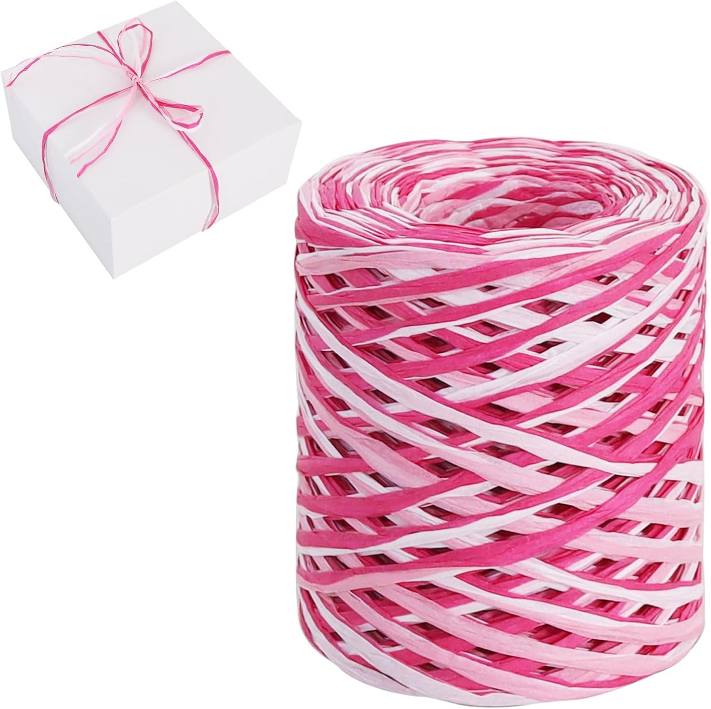 Raffia Paper Ribbon 492 Feet Raffia Yarn for Gift Wrapping - White Pink Hot Pink Packing Paper Twine for Gift Wrapping, DIY Crafts, Floral Bouquet, Anniversary, Valentines Party Supplies