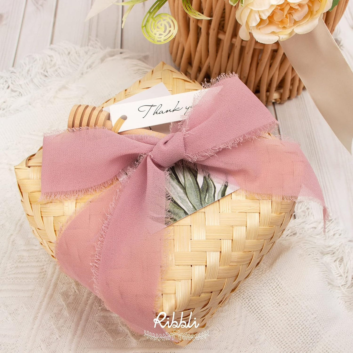 Chiffon Silk Ribbon, 1.5 inch x 30 Yard, Champagne/Blush Pink/Dusty Rose Fringe Chiffon Ribbon for Wedding Invitations, Bridal Bouquets Wrapping, Flower Arrangement Decoration