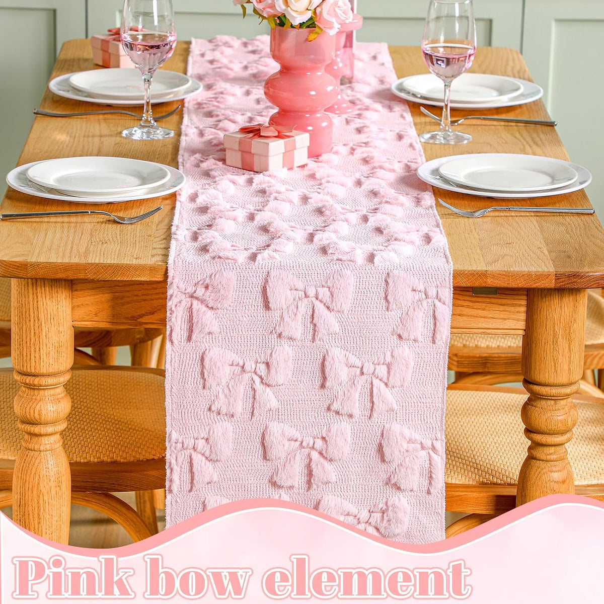 Pink Bow Soft Plush Table Runner Christmas Coquette Room Decor
