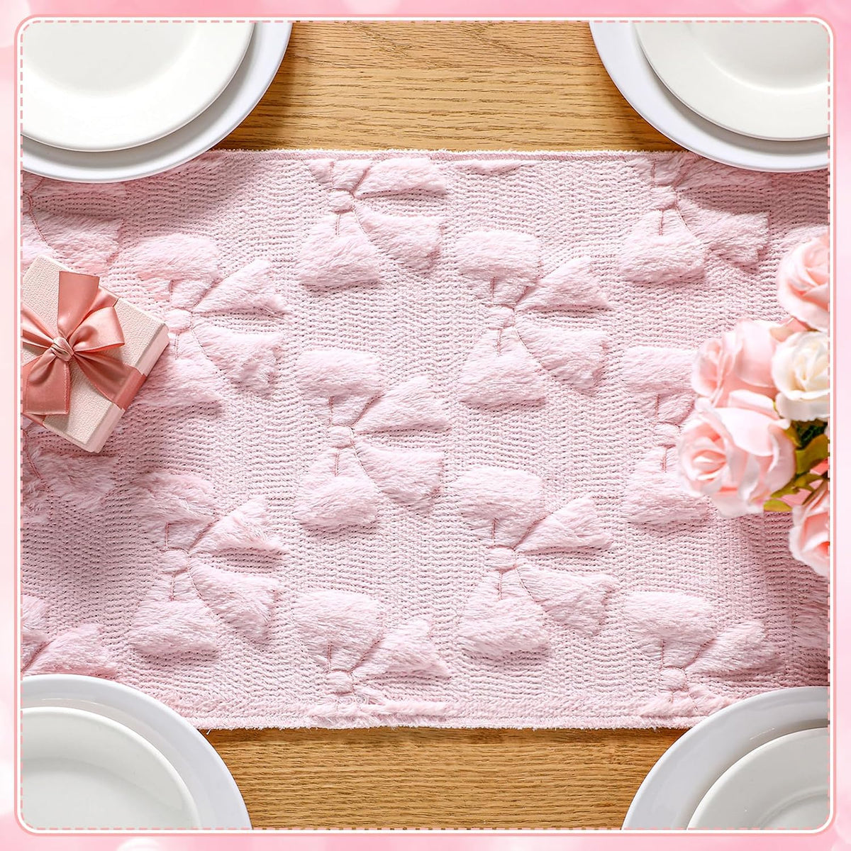 Pink Bow Soft Plush Table Runner Christmas Coquette Room Decor