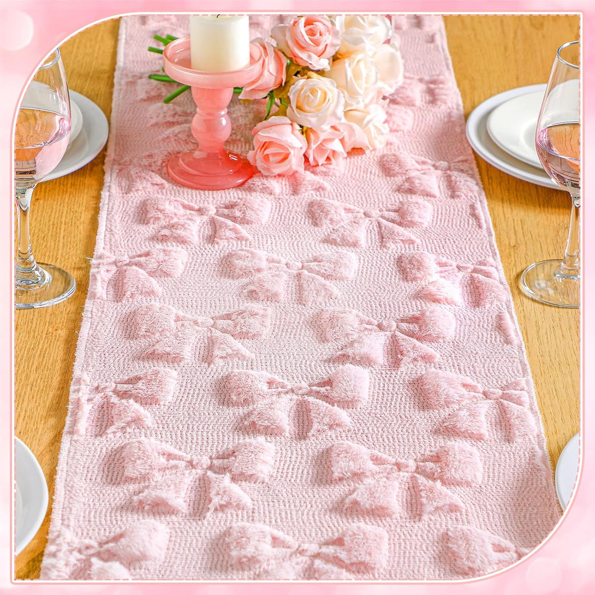 Pink Bow Soft Plush Table Runner Christmas Coquette Room Decor