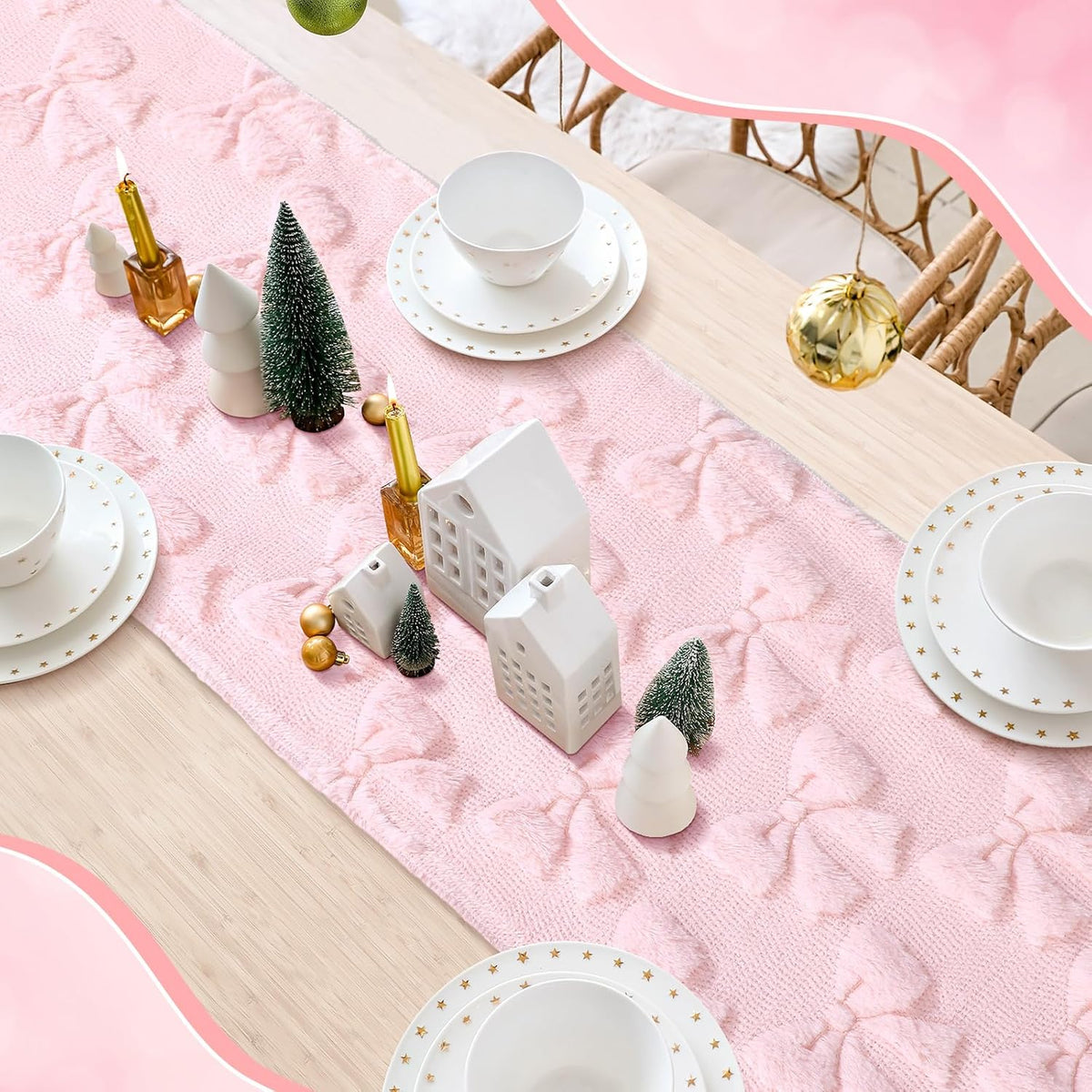 Pink Bow Soft Plush Table Runner Christmas Coquette Room Decor