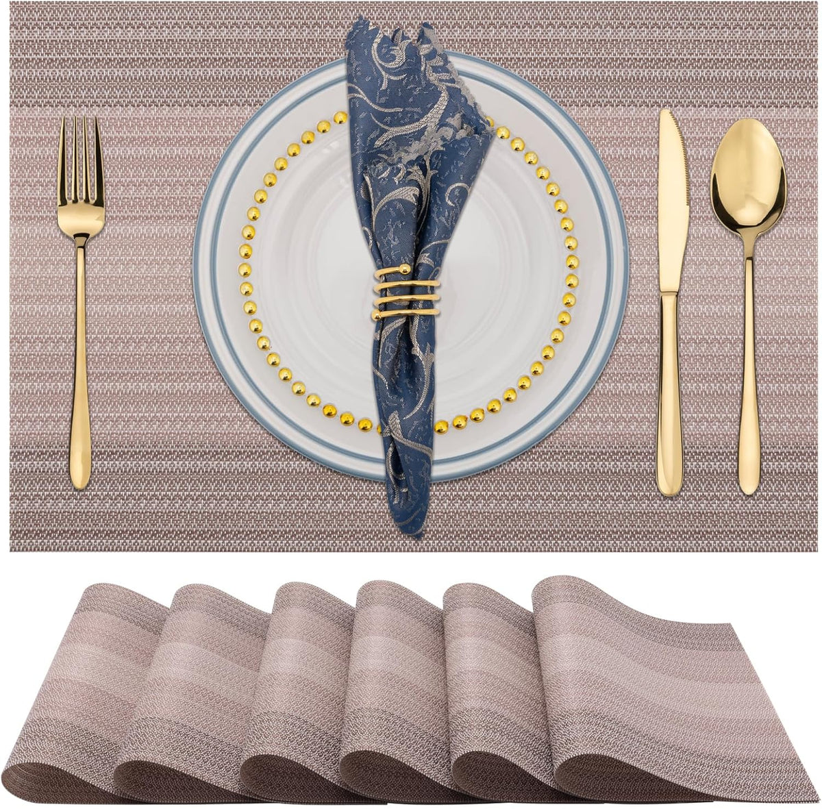 Placemats Set of 6, Washable Vinyl Woven Placemats, Heat Resistant & Wipeable Table Mats for Kitchen Dining Table (Pink Gold)
