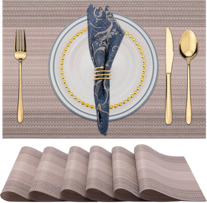 Placemats Set of 6, Washable Vinyl Woven Placemats, Heat Resistant & Wipeable Table Mats for Kitchen Dining Table (Pink Gold)