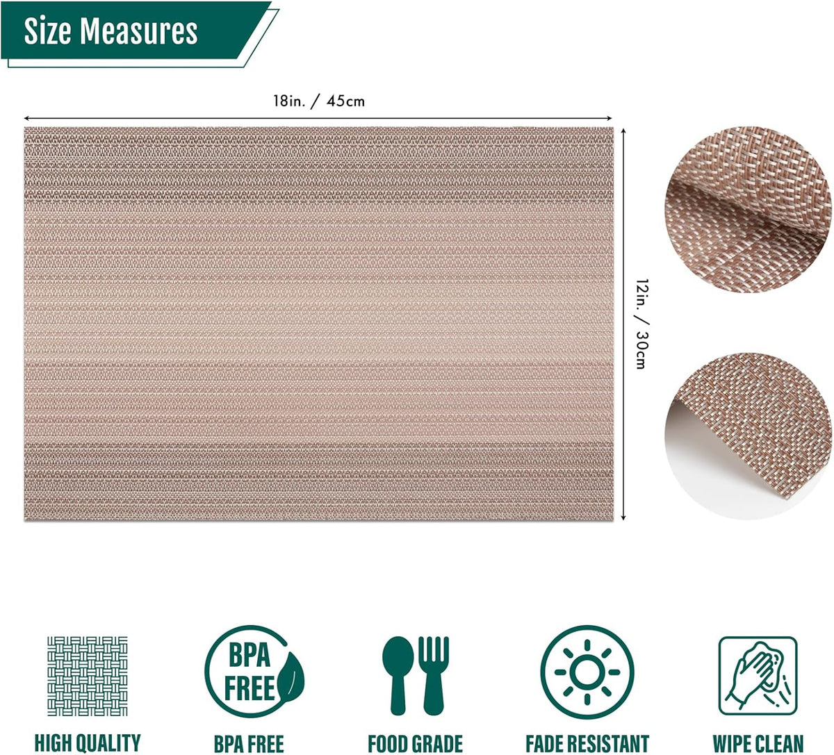 Placemats Set of 6, Washable Vinyl Woven Placemats, Heat Resistant & Wipeable Table Mats for Kitchen Dining Table (Pink Gold)