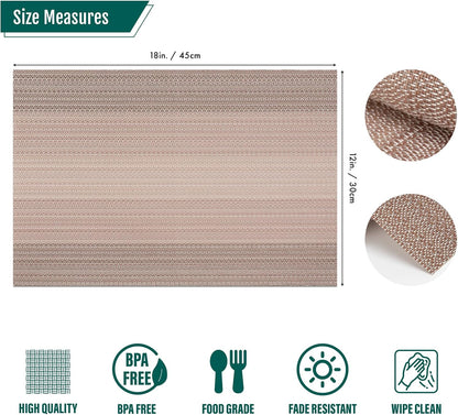 Placemats Set of 6, Washable Vinyl Woven Placemats, Heat Resistant & Wipeable Table Mats for Kitchen Dining Table (Pink Gold)