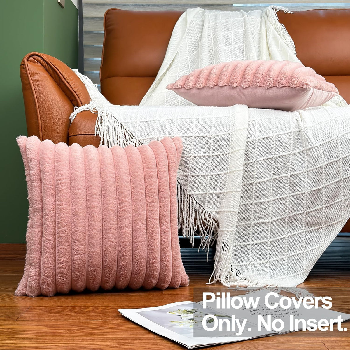 18x18 Decorative Faux Fur Throw Pillow Covers Set of 2- Pink