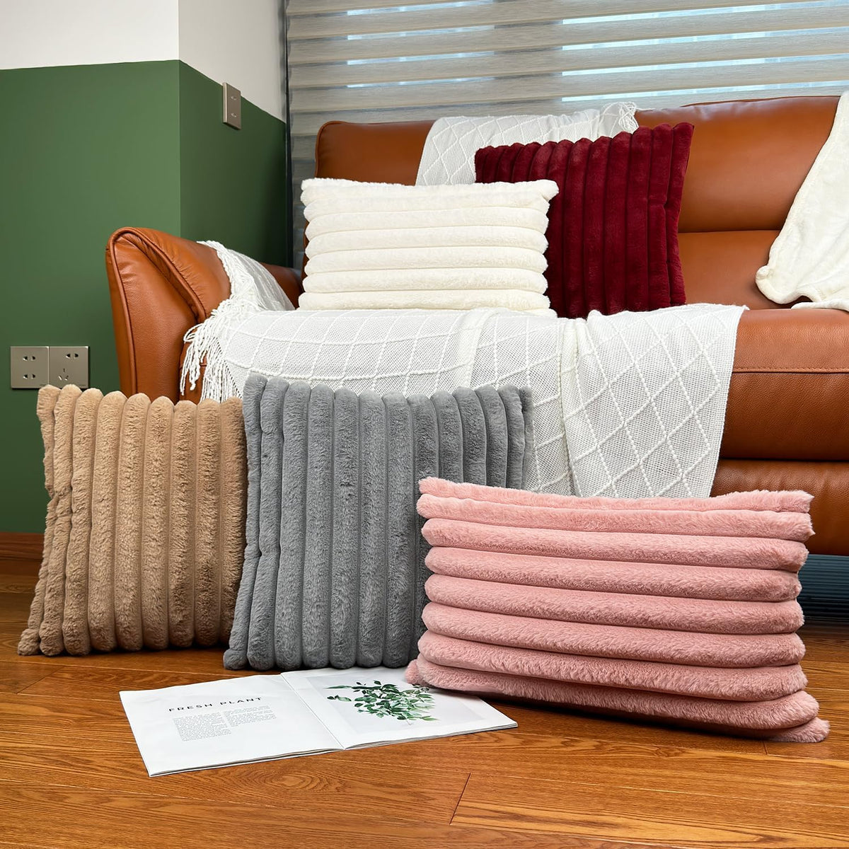 18x18 Decorative Faux Fur Throw Pillow Covers Set of 2- Pink