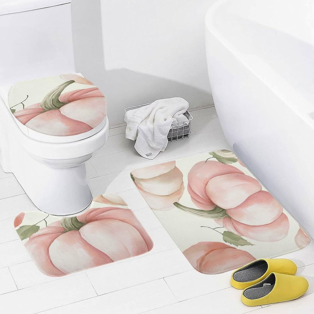 Light Pink Pumpkins Bathroom Rugs Bath Mats Set 3 Piece 20"x32" Seasonal Autumn Leaves Thanksgiving Harvest with U-Shaped Contour Rug Toilet Lid Cover Coral Velvet Soft Bathroom Absorbent Rug Set