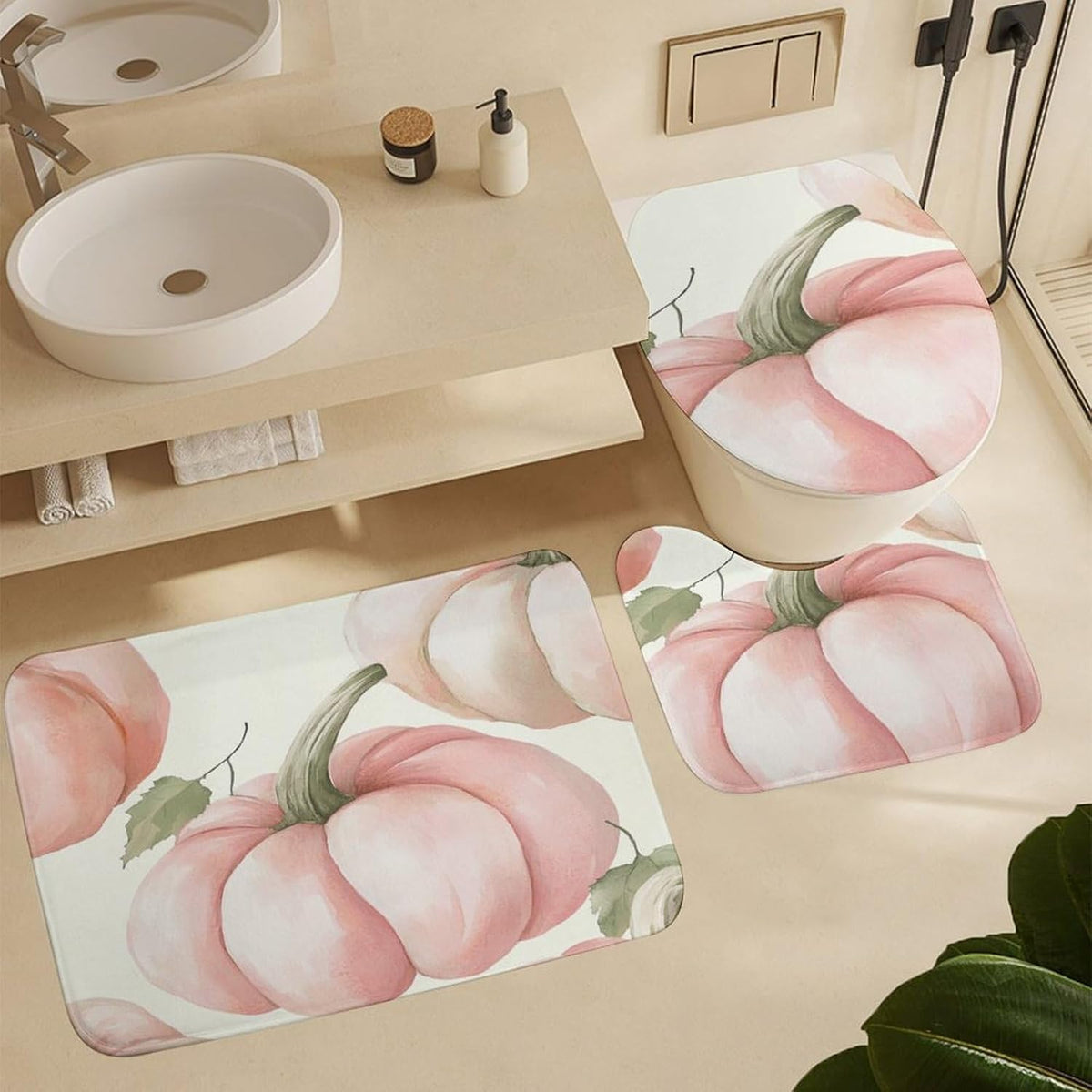 Light Pink Pumpkins Bathroom Rugs Bath Mats Set 3 Piece 20"x32" Seasonal Autumn Leaves Thanksgiving Harvest with U-Shaped Contour Rug Toilet Lid Cover Coral Velvet Soft Bathroom Absorbent Rug Set