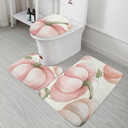 Light Pink Pumpkins Bathroom Rugs Bath Mats Set 3 Piece 20"x32" Seasonal Autumn Leaves Thanksgiving Harvest with U-Shaped Contour Rug Toilet Lid Cover Coral Velvet Soft Bathroom Absorbent Rug Set