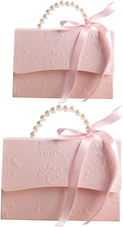OUNONA Box Set with Pink Mini and Medium Paper Boxes, Flower Embossed Candy Packaging, Pearl Chain Handle, Wedding Party Favor Packaging Supplies