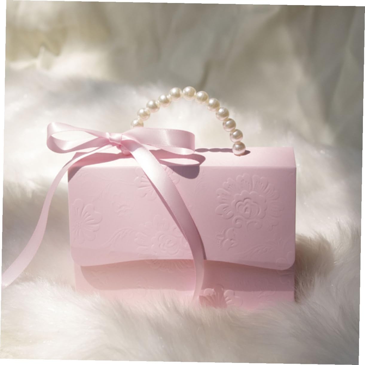 OUNONA Box Set with Pink Mini and Medium Paper Boxes, Flower Embossed Candy Packaging, Pearl Chain Handle, Wedding Party Favor Packaging Supplies