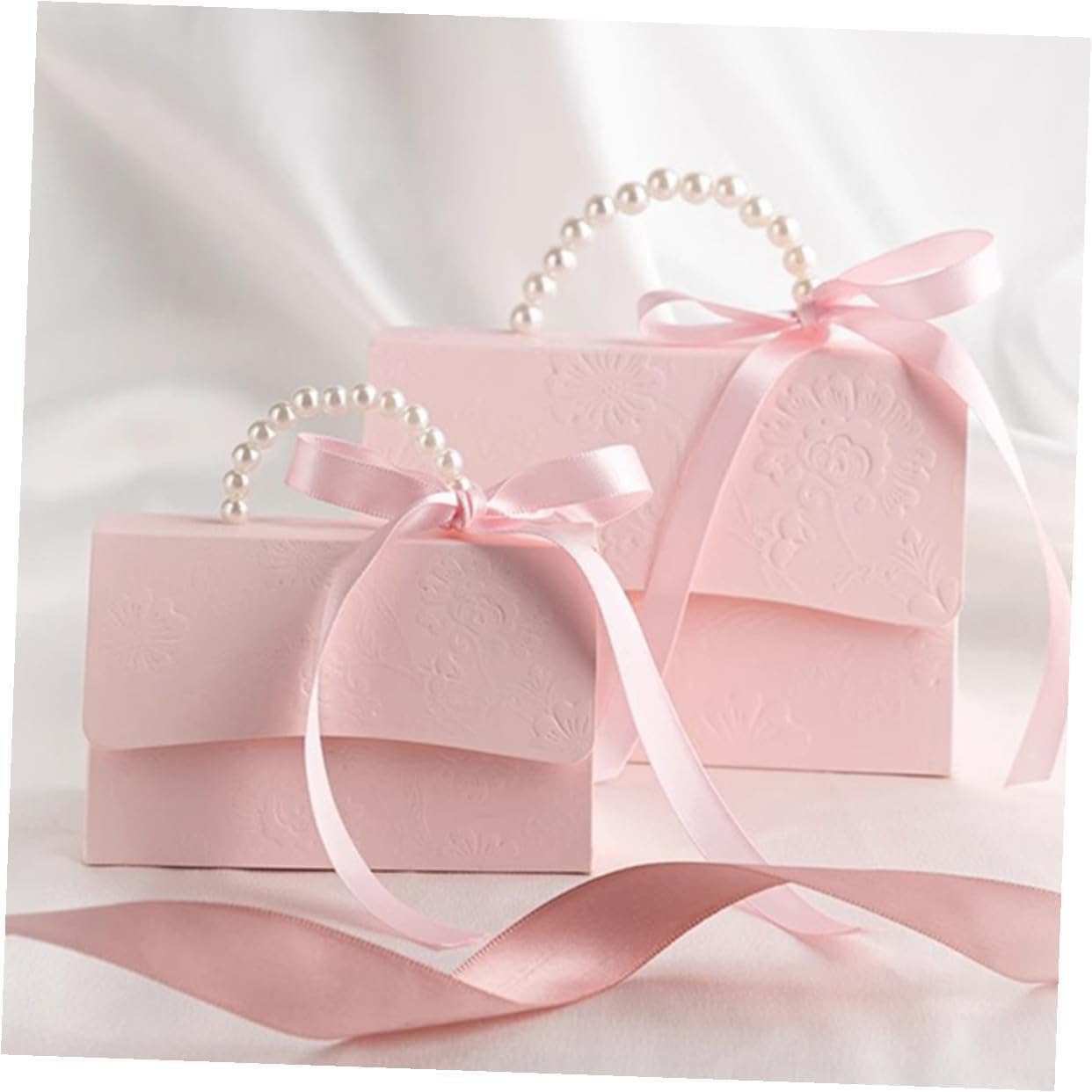 OUNONA Box Set with Pink Mini and Medium Paper Boxes, Flower Embossed Candy Packaging, Pearl Chain Handle, Wedding Party Favor Packaging Supplies