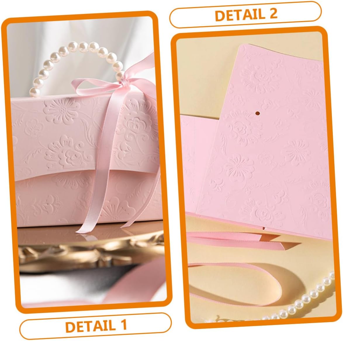 OUNONA Box Set with Pink Mini and Medium Paper Boxes, Flower Embossed Candy Packaging, Pearl Chain Handle, Wedding Party Favor Packaging Supplies