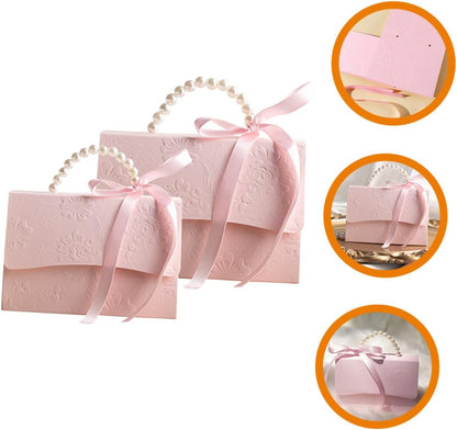 OUNONA Box Set with Pink Mini and Medium Paper Boxes, Flower Embossed Candy Packaging, Pearl Chain Handle, Wedding Party Favor Packaging Supplies