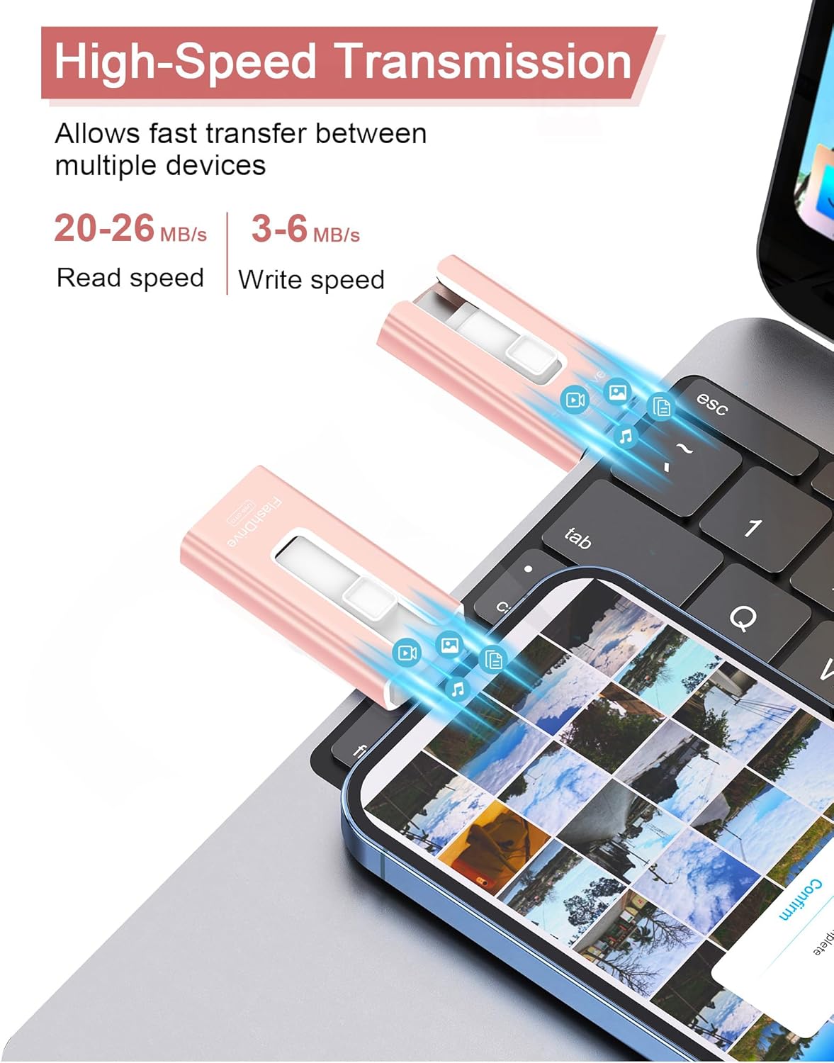 256GB USB Flash Drive for Phone and Pad, High Speed External USB Thumb Drives - Photo Storage Memory Stick for Save More Photos and Videos (Pink, 256GB)