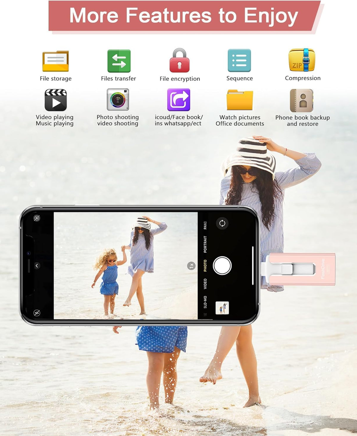 256GB USB Flash Drive for Phone and Pad, High Speed External USB Thumb Drives - Photo Storage Memory Stick for Save More Photos and Videos (Pink, 256GB)