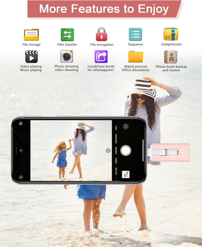 256GB USB Flash Drive for Phone and Pad, High Speed External USB Thumb Drives - Photo Storage Memory Stick for Save More Photos and Videos (Pink, 256GB)