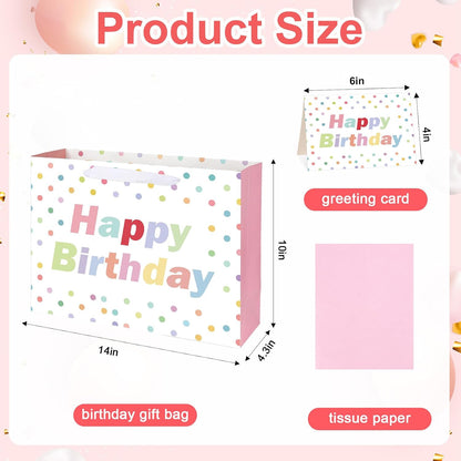 14 Inch Large Birthday Gift Bag, Polka Dot Pink Happy Birthday Gift Bag, Reusable Paper Bag Set with Handles, Greeting Card and Tissue Paper for Girls Women Birthday Party Favors Wrapping Supplies
