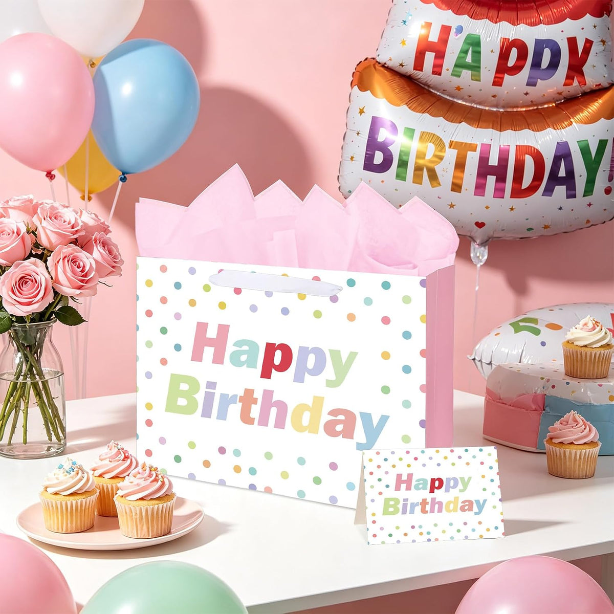 14 Inch Large Birthday Gift Bag, Polka Dot Pink Happy Birthday Gift Bag, Reusable Paper Bag Set with Handles, Greeting Card and Tissue Paper for Girls Women Birthday Party Favors Wrapping Supplies