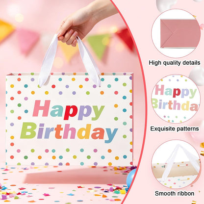 14 Inch Large Birthday Gift Bag, Polka Dot Pink Happy Birthday Gift Bag, Reusable Paper Bag Set with Handles, Greeting Card and Tissue Paper for Girls Women Birthday Party Favors Wrapping Supplies