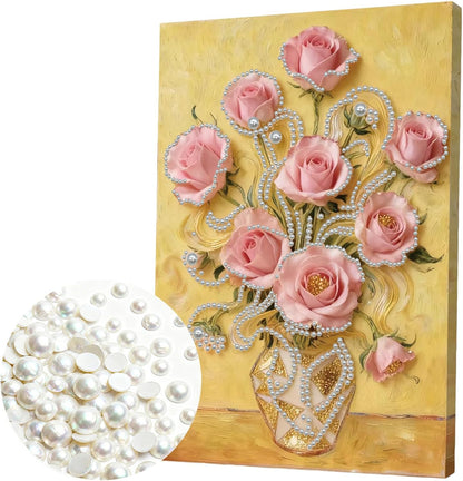 DIY Pearl Art Painting Handcraft Kit for Adults Beginners, Creative Design, Healing Stress-Relieving Home Wall Decoration, with Framed Painting and Tools-Pink Rose