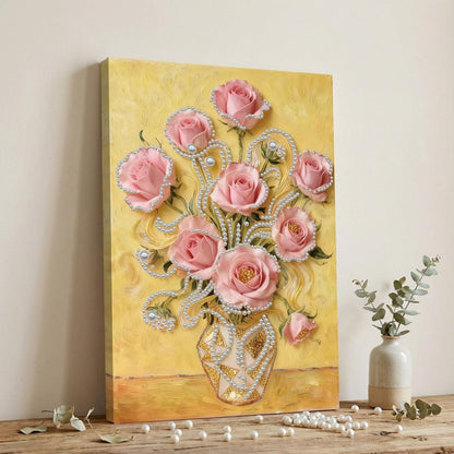 DIY Pearl Art Painting Handcraft Kit for Adults Beginners, Creative Design, Healing Stress-Relieving Home Wall Decoration, with Framed Painting and Tools-Pink Rose