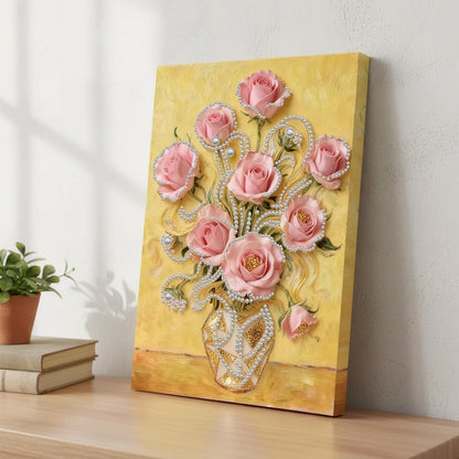 DIY Pearl Art Painting Handcraft Kit for Adults Beginners, Creative Design, Healing Stress-Relieving Home Wall Decoration, with Framed Painting and Tools-Pink Rose