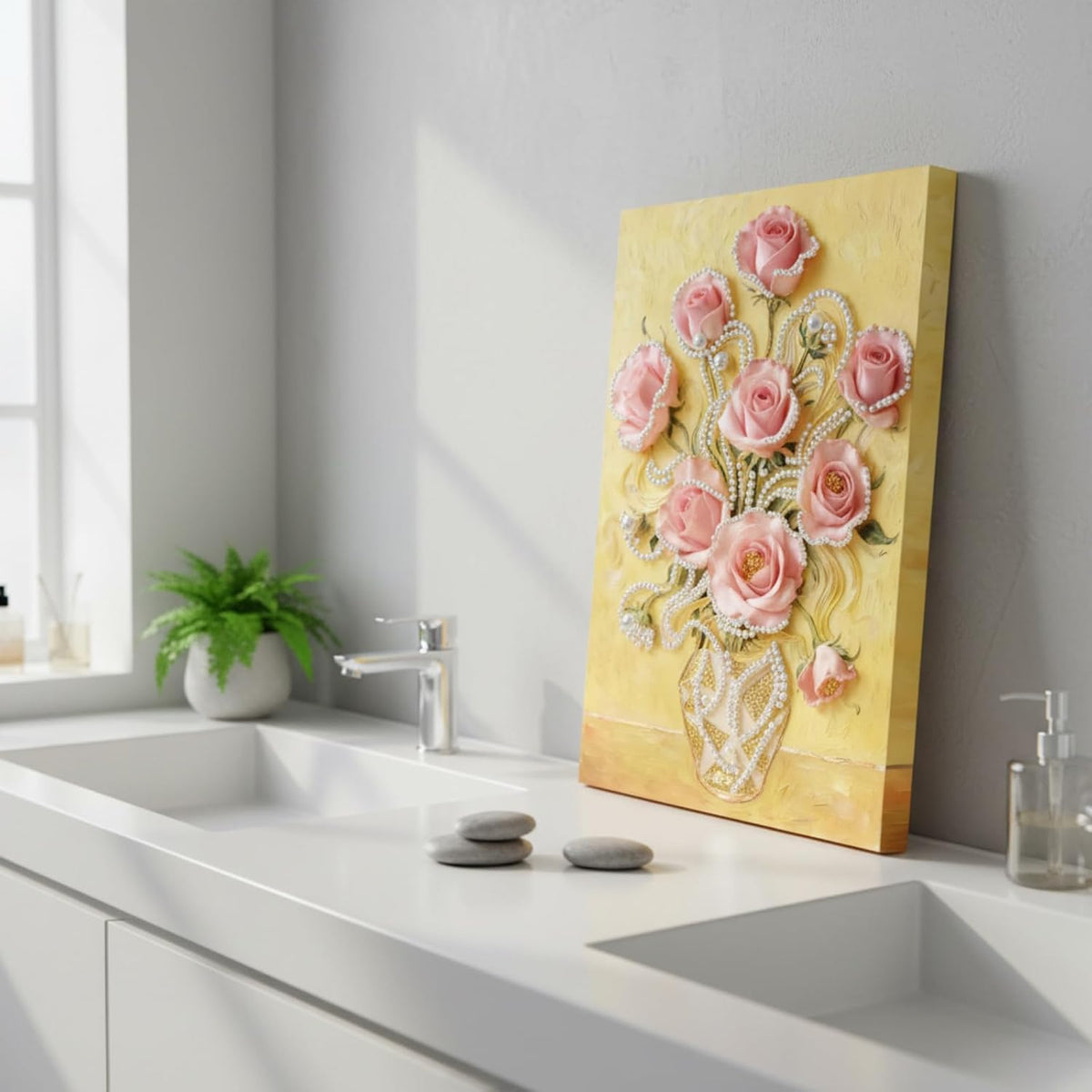 DIY Pearl Art Painting Handcraft Kit for Adults Beginners, Creative Design, Healing Stress-Relieving Home Wall Decoration, with Framed Painting and Tools-Pink Rose