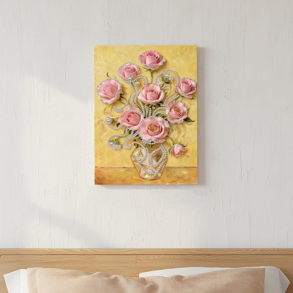 DIY Pearl Art Painting Handcraft Kit for Adults Beginners, Creative Design, Healing Stress-Relieving Home Wall Decoration, with Framed Painting and Tools-Pink Rose