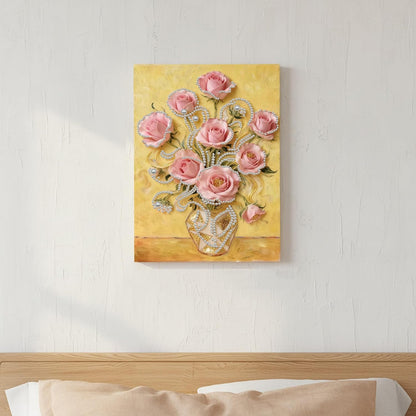 DIY Pearl Art Painting Handcraft Kit for Adults Beginners, Creative Design, Healing Stress-Relieving Home Wall Decoration, with Framed Painting and Tools-Pink Rose
